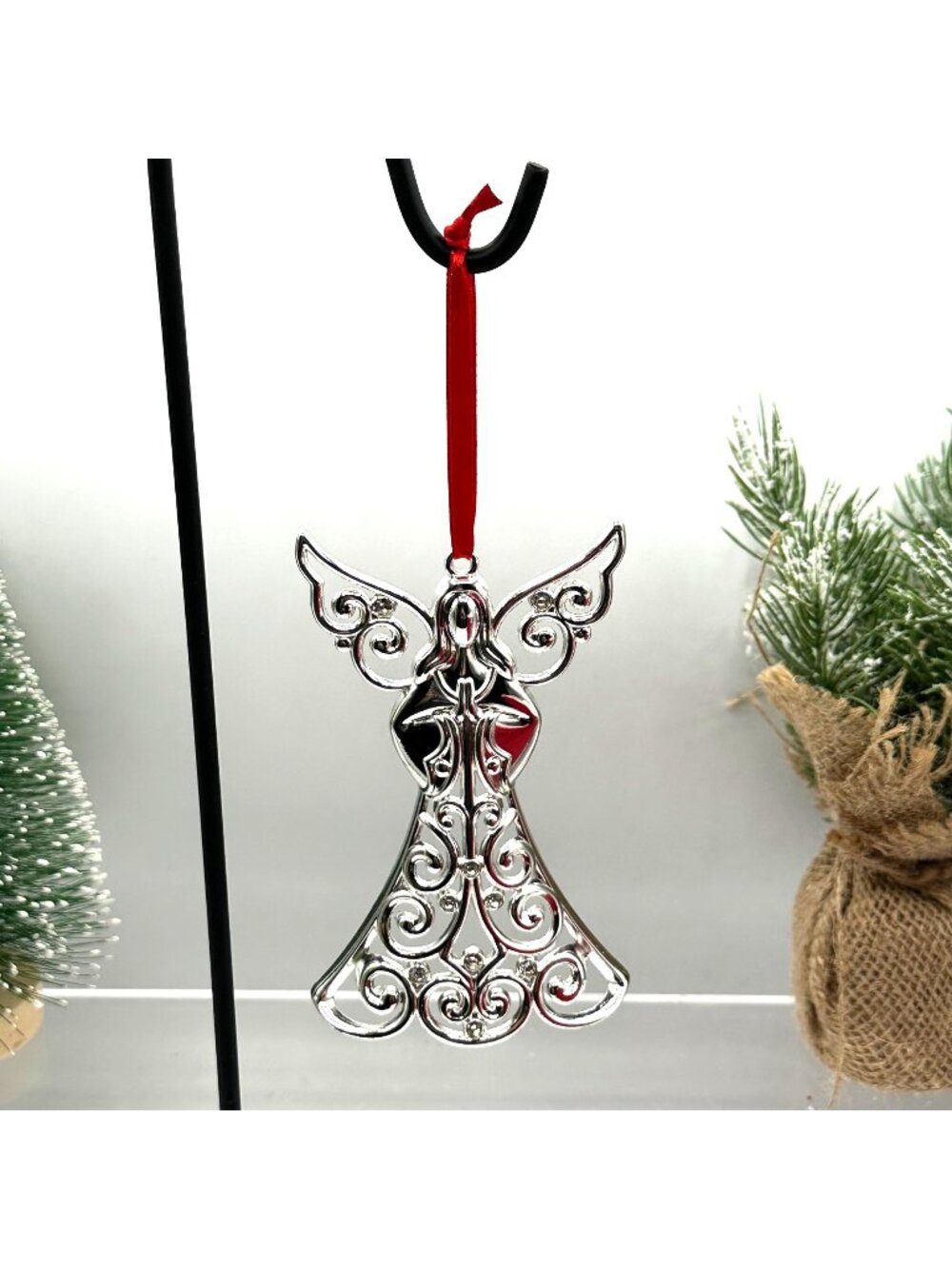 Lenox Sparkle & Scroll Clear Crystal Angel Ornament Silverplate Christmas Box